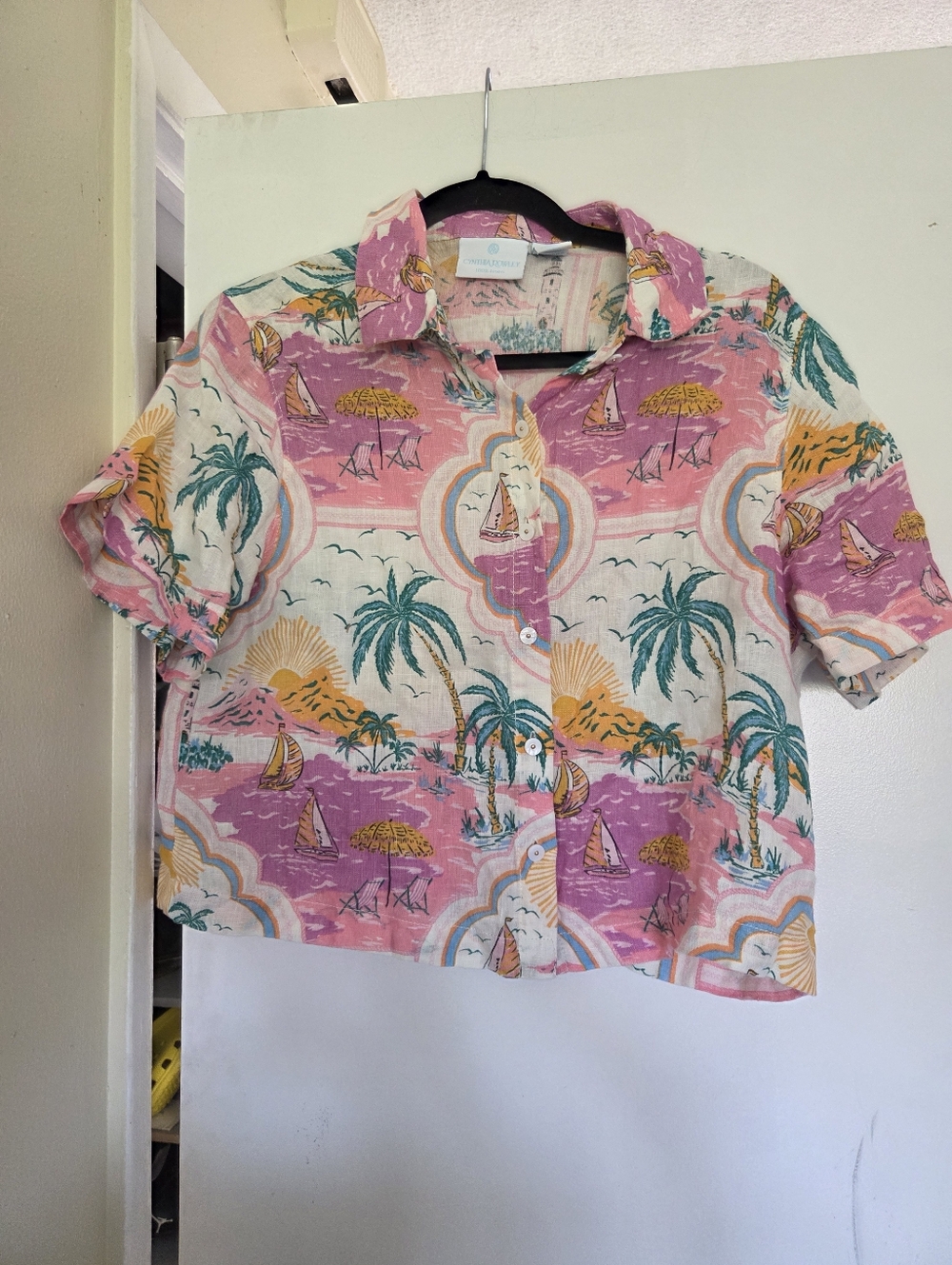 Cynthia Rowley 100% Linen pink and teal tropical beach print button-up shirt Top